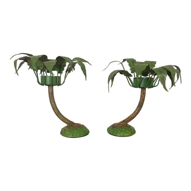 Vintage Coastal Petite Choses Palm Tree Candle Holders - Pair 1980s For Sale
