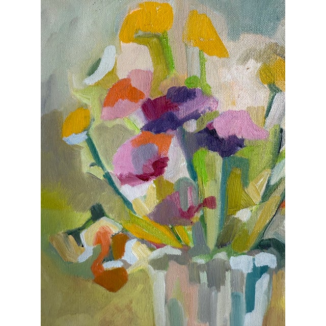 Vintage Midcentury Cubist Oil on Canvas Flowers Painting Original vintage frame Vibrant colors implacable execution.