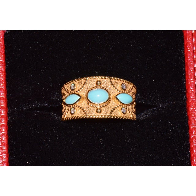 Natural Diamond Turquoise 18k Solid Gold Byzantine Beaded Greek Ring Stacking Band Ring, Size 6 For Sale In Dallas - Image 6 of 14