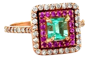 1.30 Carat Double Halo Emerald, Pink Sapphire and Diamond Rose Gold Bridal Ring, Size 7