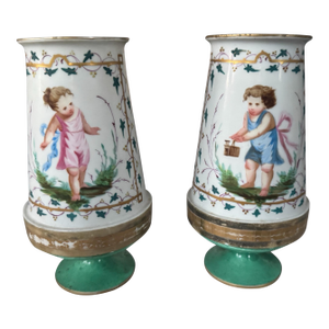 Pair of Antique Old Paris Porcelain Gilt Decorated Portrait 7.75" Vases With Children