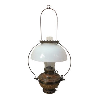 Antique C1887 Bradley & Hubbard Milk Glass Cast Iron Hanging Lantern Electrified Lamp For Sale