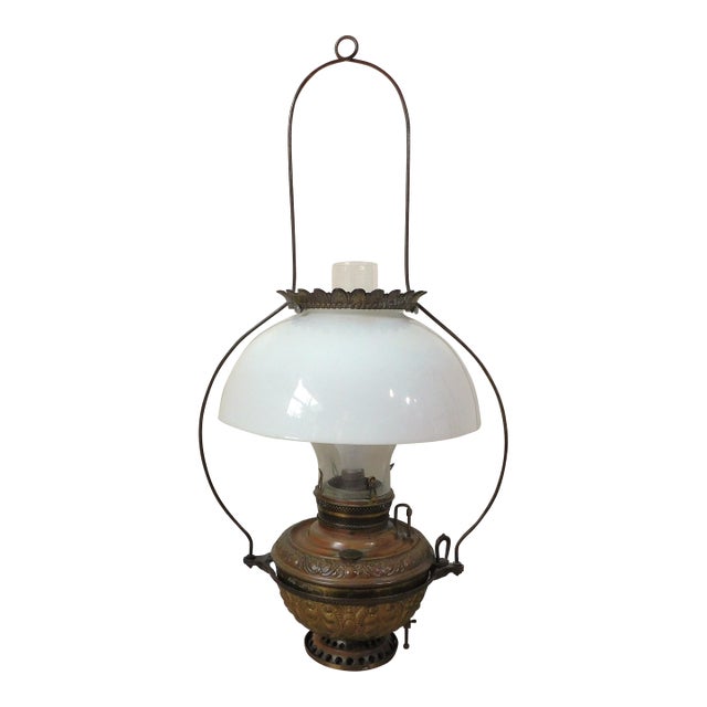 Antique C1887 Bradley & Hubbard Milk Glass Cast Iron Hanging Lantern Electrified Lamp For Sale