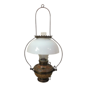 Antique C1887 Bradley & Hubbard Milk Glass Cast Iron Hanging Lantern Electrified Lamp