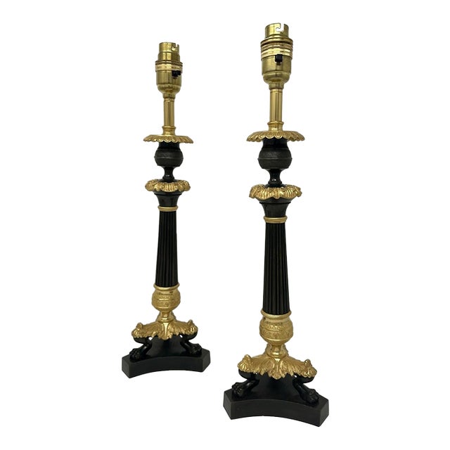 Antique Pair of French Doré Bronze Neoclassical Ormolu Gilt Candlesticks Lamps For Sale