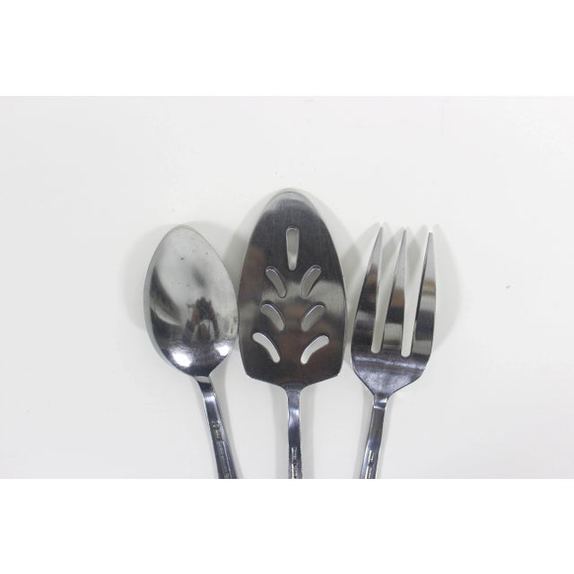 Silver 1960s Mid Century Modern Stainless Serving Set Spoon, Fork, Lifter, Set of Three Aztec Scroll For Sale - Image 8 of 10