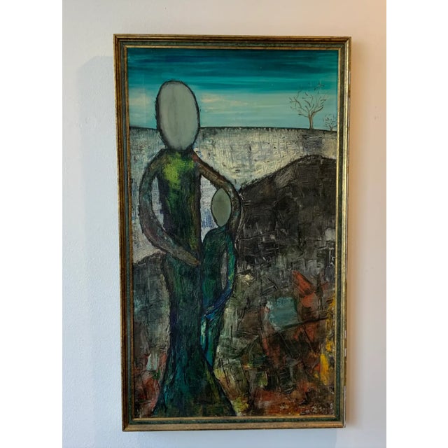 Oil on canvas. Subject is an abstract with two figures and landscape. Cubist. Measurements: 19.5" w x 1.5" d x 30" h...