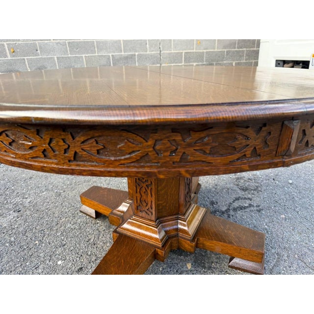Antique Hand Carved Tiger Oak Pedestal Base Dining Table. For Sale - Image 11 of 17