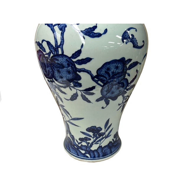 Vintage Chinese Blue White Fruits Flowers Graphic Porcelain Art Vase For Sale - Image 12 of 13
