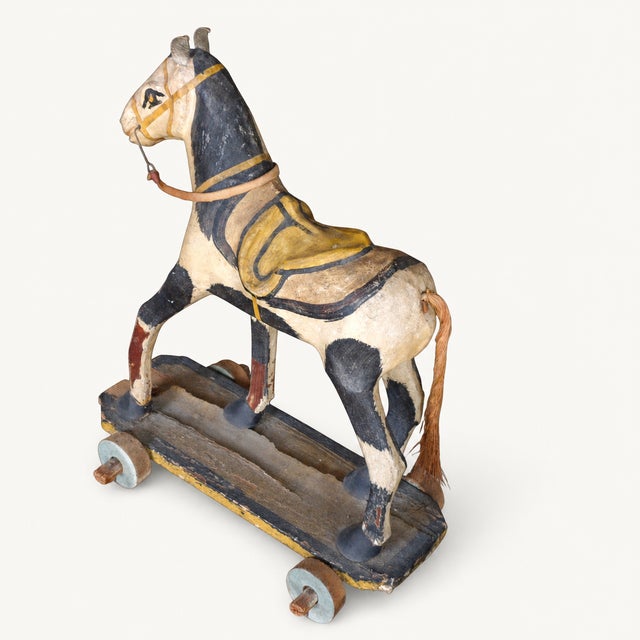 Folk Art Circa 1900 American Folk Art Painted Wood & Papier-Mâché Pull Toy Horse For Sale - Image 3 of 4