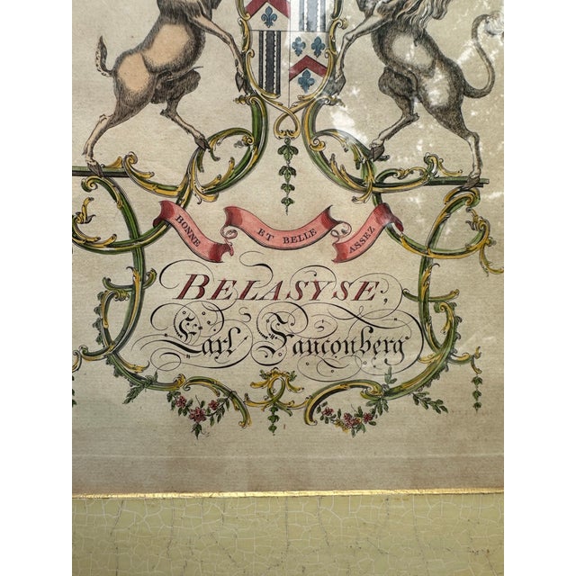 Vanilla Pair of Framed 18th-Century Hand-Colored English Armorial Engravings – Belasyse and Berkeley. For Sale - Image 8 of 11