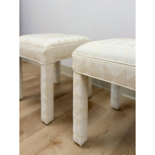 Milo Baughman Style White Parsons Upholstered Stool Pair Vintage MCM Cube For Sale - Image 9 of 11