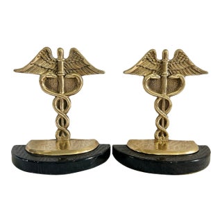 Vintage Andrea by Sadek Brass and Marble Caduceus Bookends - A Pair For Sale