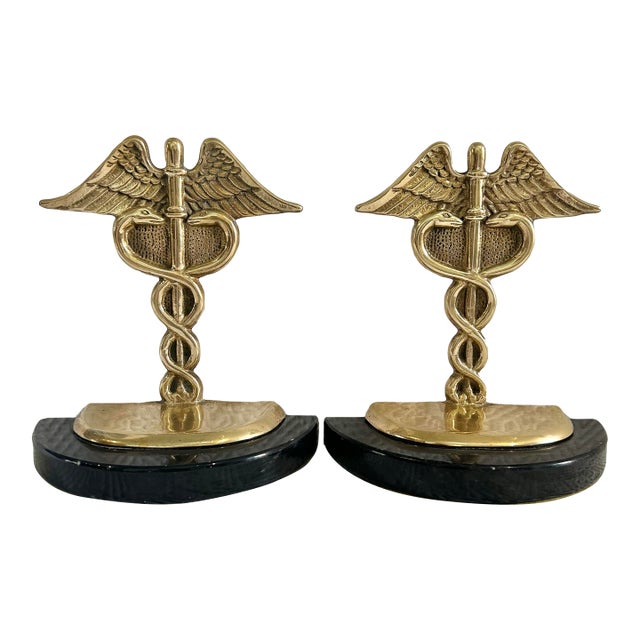 Vintage Andrea by Sadek Brass and Marble Caduceus Bookends - A Pair For Sale