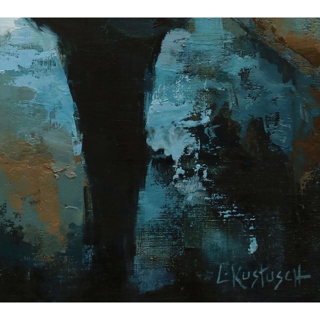 London in Shades of Blue by Lindsey Kustusch | Oil on wood panel People walking with umbrellas in rain. For Sale - Image 4 of 5