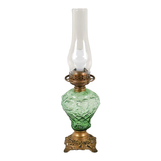 Green Art Glass Converted Oil Lamp With Embossed Floral Pattern and Metal Base For Sale