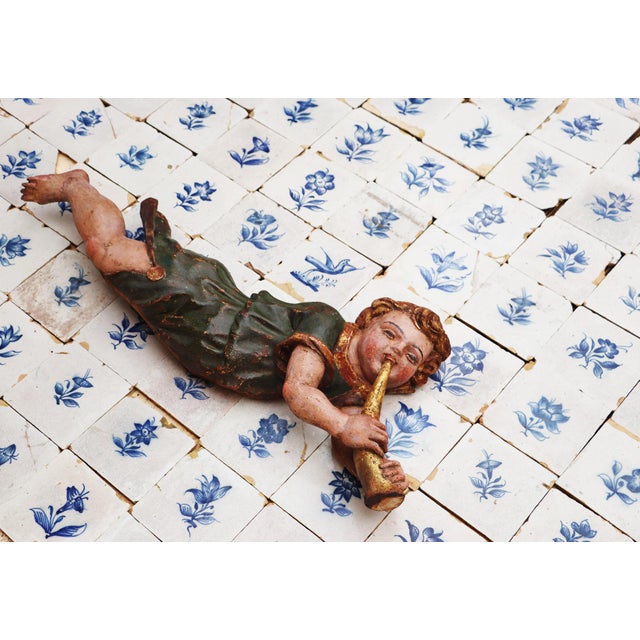 Antique Cherub Musician Playing a Golden Bugle, 18th Century, Portuguese For Sale - Image 4 of 14