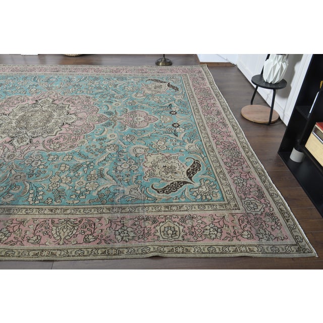 1970s Vintage Persian Handmade Wool Cotton Blue Area Rug For Sale - Image 9 of 11