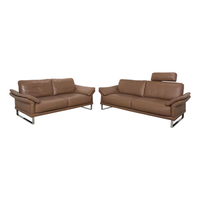 Brown Taupe Leather Three-Seater & Two-Seater Sofa with Manual Function from Willi Schillig, Set of 2 For Sale
