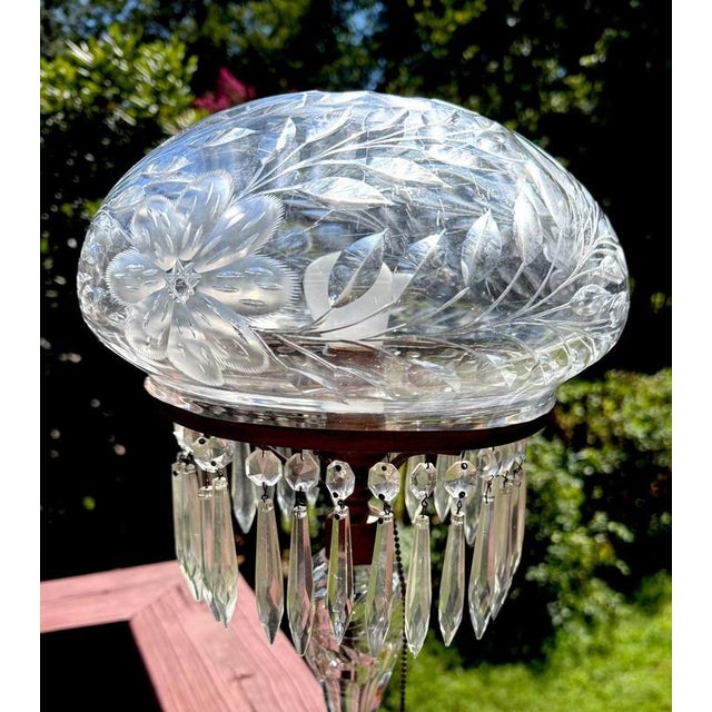Glass Antique Wheel Cut Crystal Mushroom Shade Table Lamp W Lustres 19", Art Deco 1930 For Sale - Image 7 of 8
