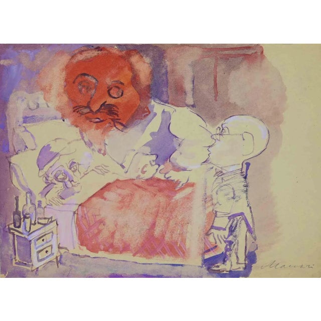 Consultation is an original Watercolour realized by Mino Maccari in mid-20th century. Good condition on a yellowed paper....