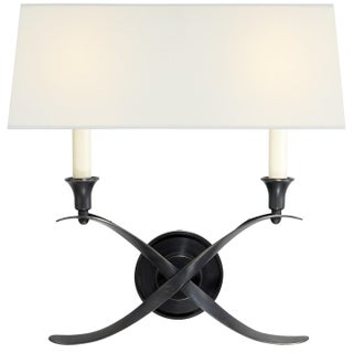 Chapman & Myers for Visual Comfort Signature Cross Bouillotte Large Sconce in Bronze with Linen Shade For Sale