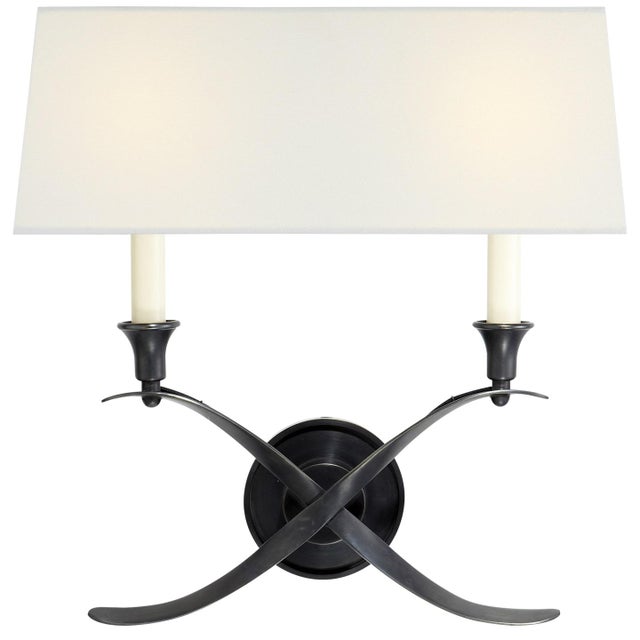 Chapman & Myers for Visual Comfort Signature Cross Bouillotte Large Sconce in Bronze with Linen Shade For Sale