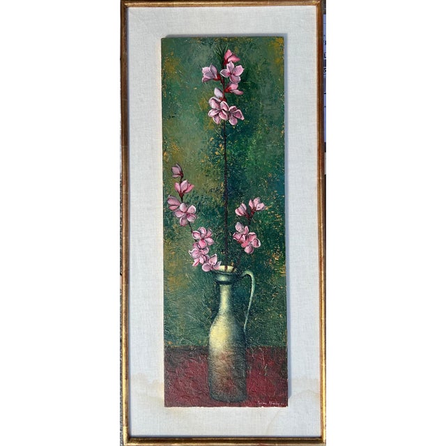 Green Pierre Henry, French Surrealism Oil Painting Pierre Henry Surrealist Color Flowers in Vase, 1966 For Sale - Image 8 of 12