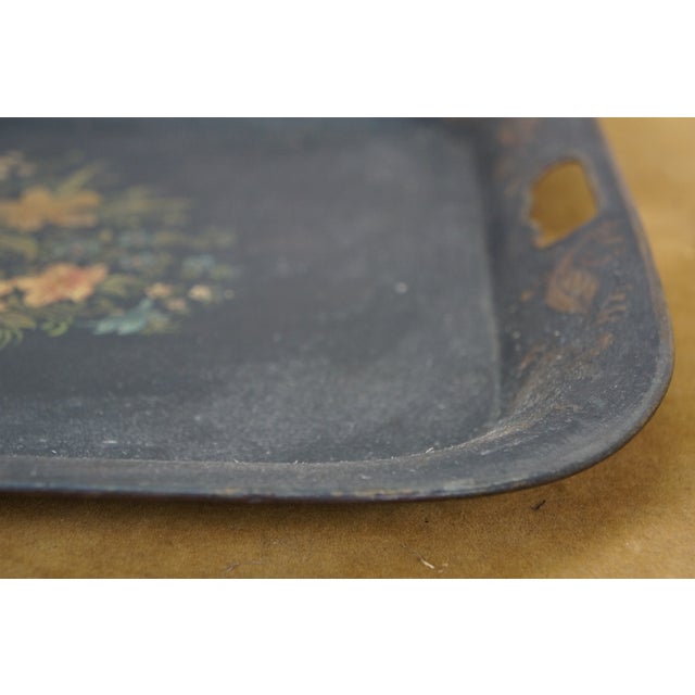 Metal Antique Rectangular Painted Floral Toleware Tray Serving Platter With Handles For Sale - Image 7 of 12