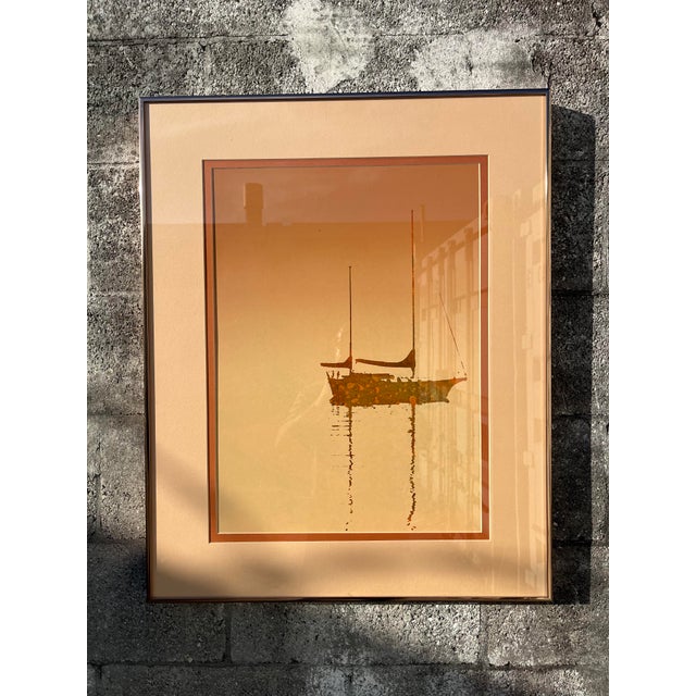 1970s Framed Burnt Sienna Monochromatic Seascape Lithograph. For Sale In Miami - Image 6 of 16