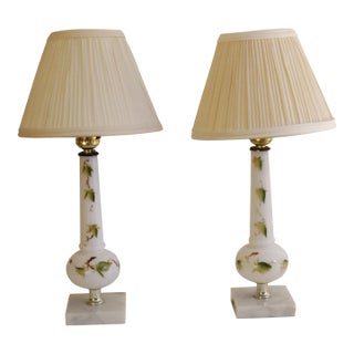 Mid Century Italian Marble & Hand-Painted Blown Milk Glass Table Lamps With Original Shades - A Pair For Sale