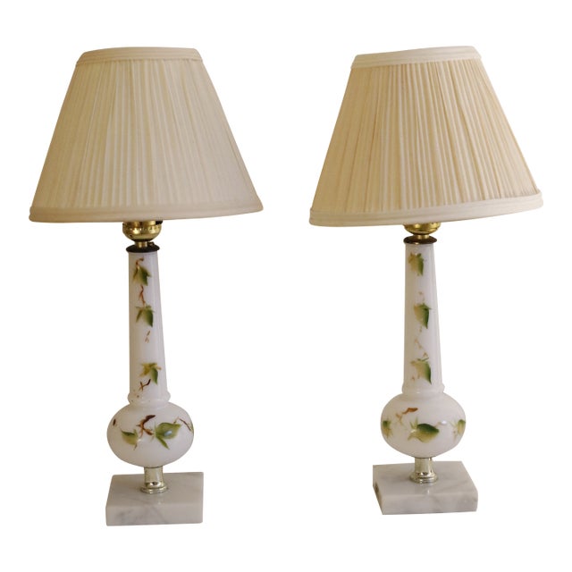 Mid Century Italian Marble & Hand-Painted Blown Milk Glass Table Lamps With Original Shades - A Pair For Sale