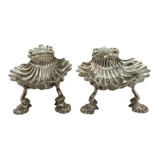 Pair of British Armorial Hallmarked Sterling Master Salts in Shell Form For Sale