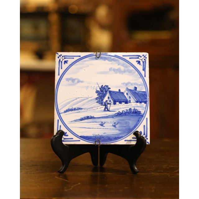 Blue 19th Century Set of 5 French Blue and White Painted Delft Tiles For Sale - Image 8 of 10