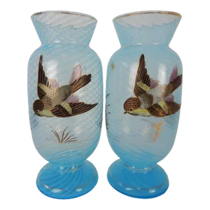 Antique Hand Painted Bird Vases - a Pair