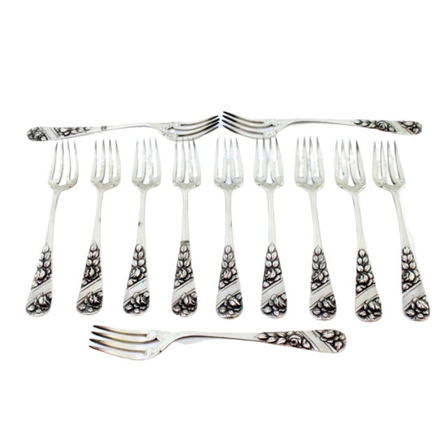 Silver Forks with Relief Handles and Monogram Cards, Set of 12 For Sale - Image 3 of 3