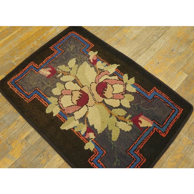 1930s Adorable Brown Background Color Peculiar Flower Geometric Design Antique American Hooked Rug For Sale - Image 5 of 9