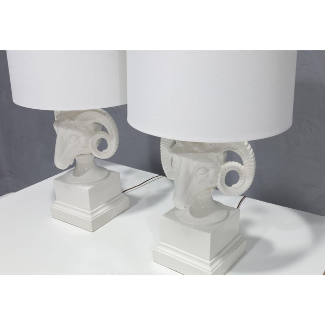 White 1960s Chapman White Ceramic Ram Head Lamps - a Pair For Sale - Image 8 of 9