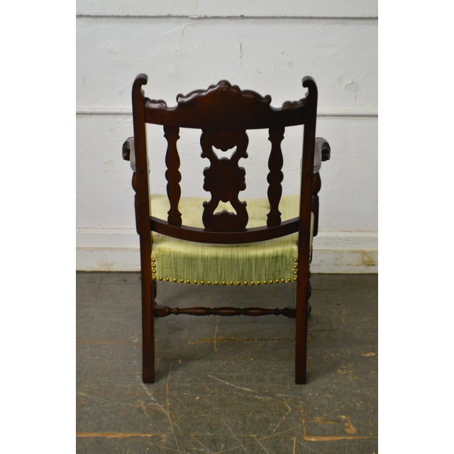 Wood 1920s Jacobean Style Solid Mahogany Carved Arm Chair (Possibly Kittinger) For Sale - Image 7 of 13
