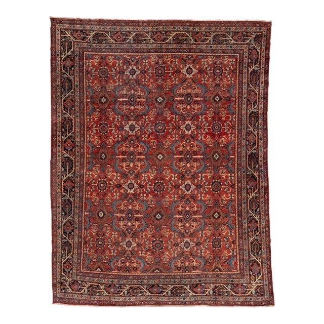 Mid-Century Persian Mahal Rug Hand-Knotted Wool Red & Navy Allover Floral Design For Sale