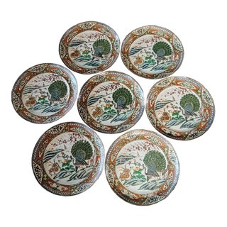 Late 19th Century Chinese Kangxi Style Famille Verte Peacock Porcelain Plates – Set of 7 For Sale