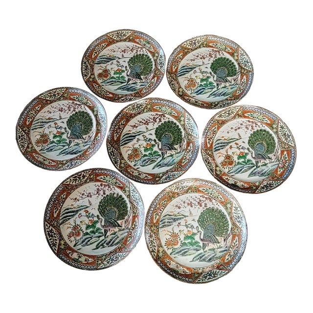 Late 19th Century Chinese Kangxi Style Famille Verte Peacock Porcelain Plates – Set of 7 For Sale
