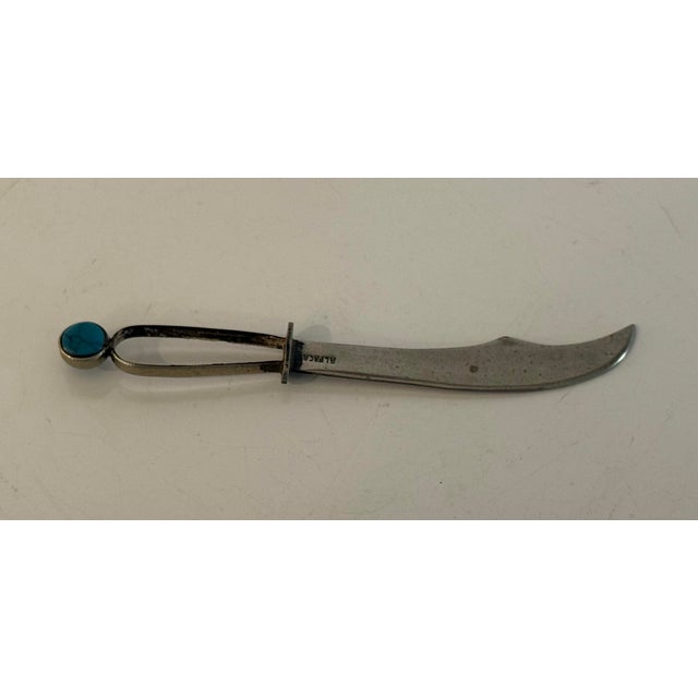 Mid 20th Century Vintage Alpaca Silver Miniature Letter Opener With Turquoise Accent For Sale - Image 5 of 10
