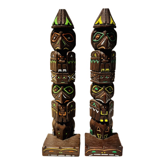 Vintage Raven Hand-Painted Wood Totem Pole Figures- a Pair For Sale