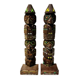 Vintage Raven Hand-Painted Wood Totem Pole Figures- a Pair