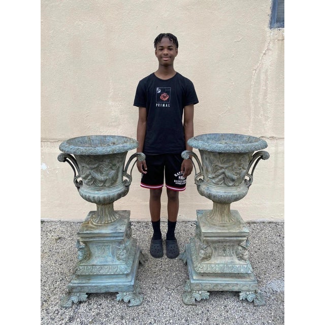 Vintage French Louis XV/XVI Style Bronze Verdigris 43" Figural Garden Planters - a Pair. Item features heavy cast bronze...