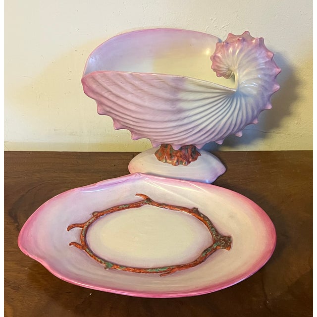Antique 19th Century Wedgwood Pearlware Centerpiece - Pink Nautilus Sea Shell Compote Tureen With Clam Shell Under Tray For Sale - Image 13 of 18