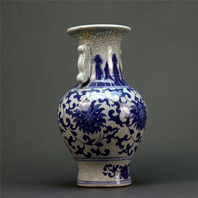 Large Chinese Blue and White Vase With Crackle Glaze and Handles For Sale - Image 4 of 6