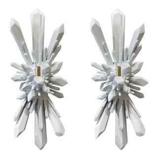 Organic Modern White Faceted White Crystal Facet Wall Sconces Pair For Sale