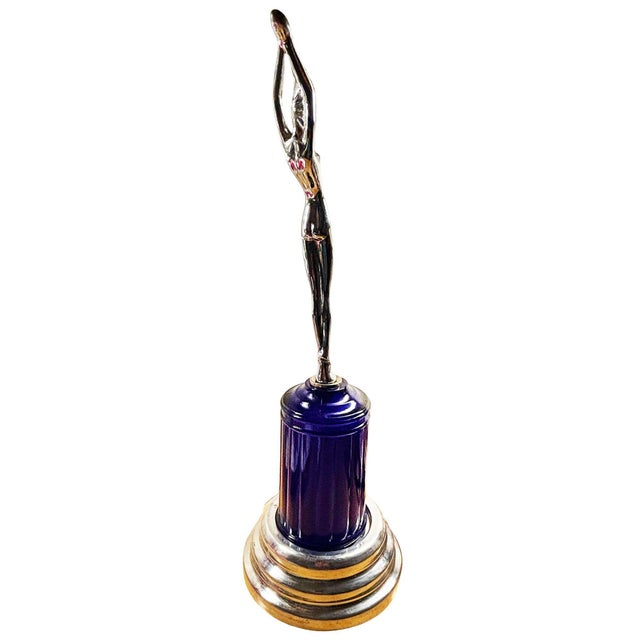 1980s Art Deco Style Chrome & Cobalt Nude Figural Lamp W/ Light-Up Cobalt Glass Base For Sale - Image 4 of 10